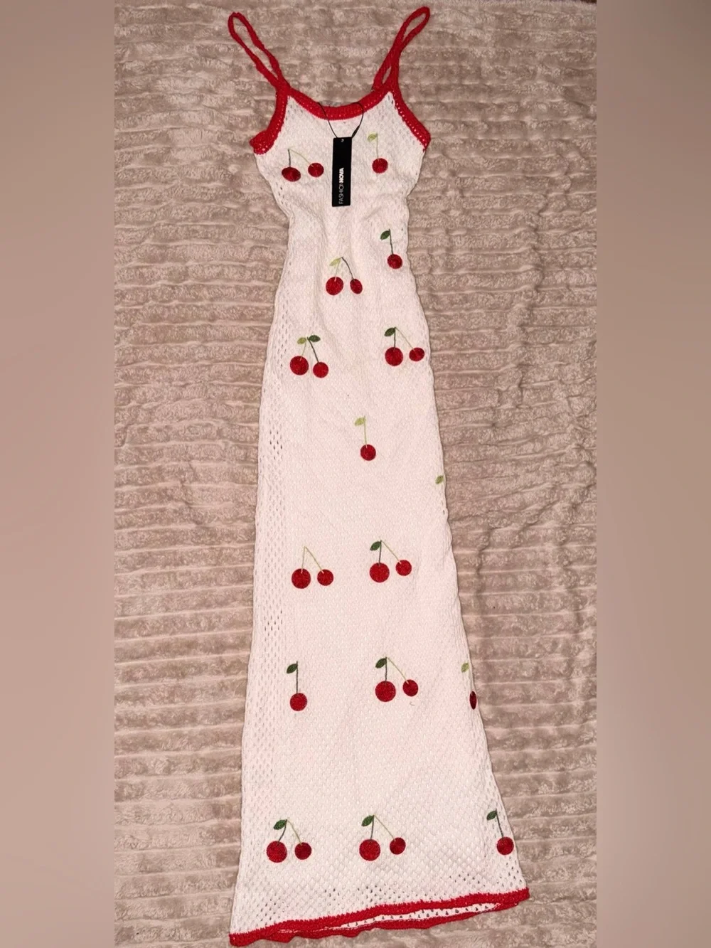 Fashion Nova White Crochet Maxi Dress with Red Cherry Accents - Picture 2 of 4
